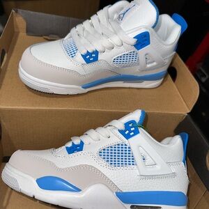 Kids Jordan 4s White and Blue Sneakers